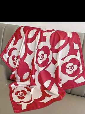Luxurious Elegant Red & White Camellia Flower Scarf, Head Wrap